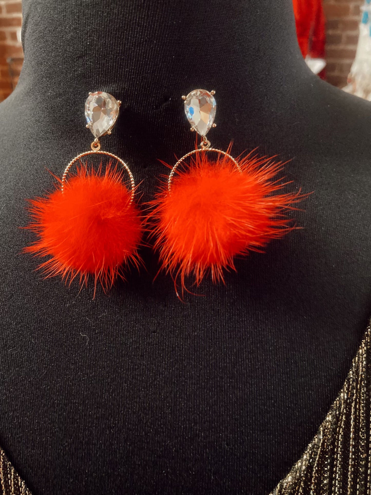 Glitzy Red Fur Ball Earrings