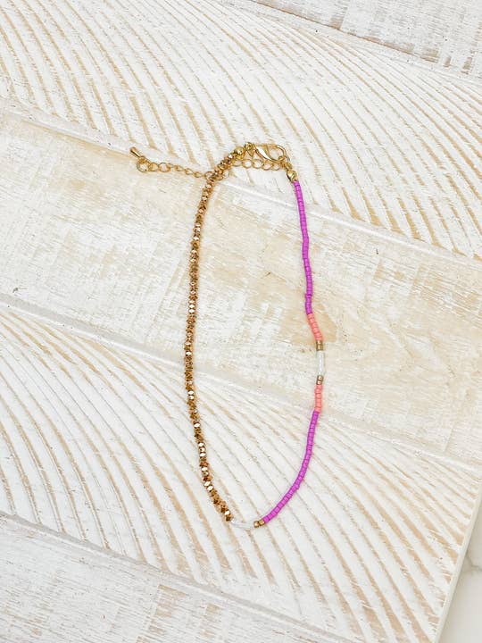 Bead & Metal Mixed Anklet - Purple & Gold