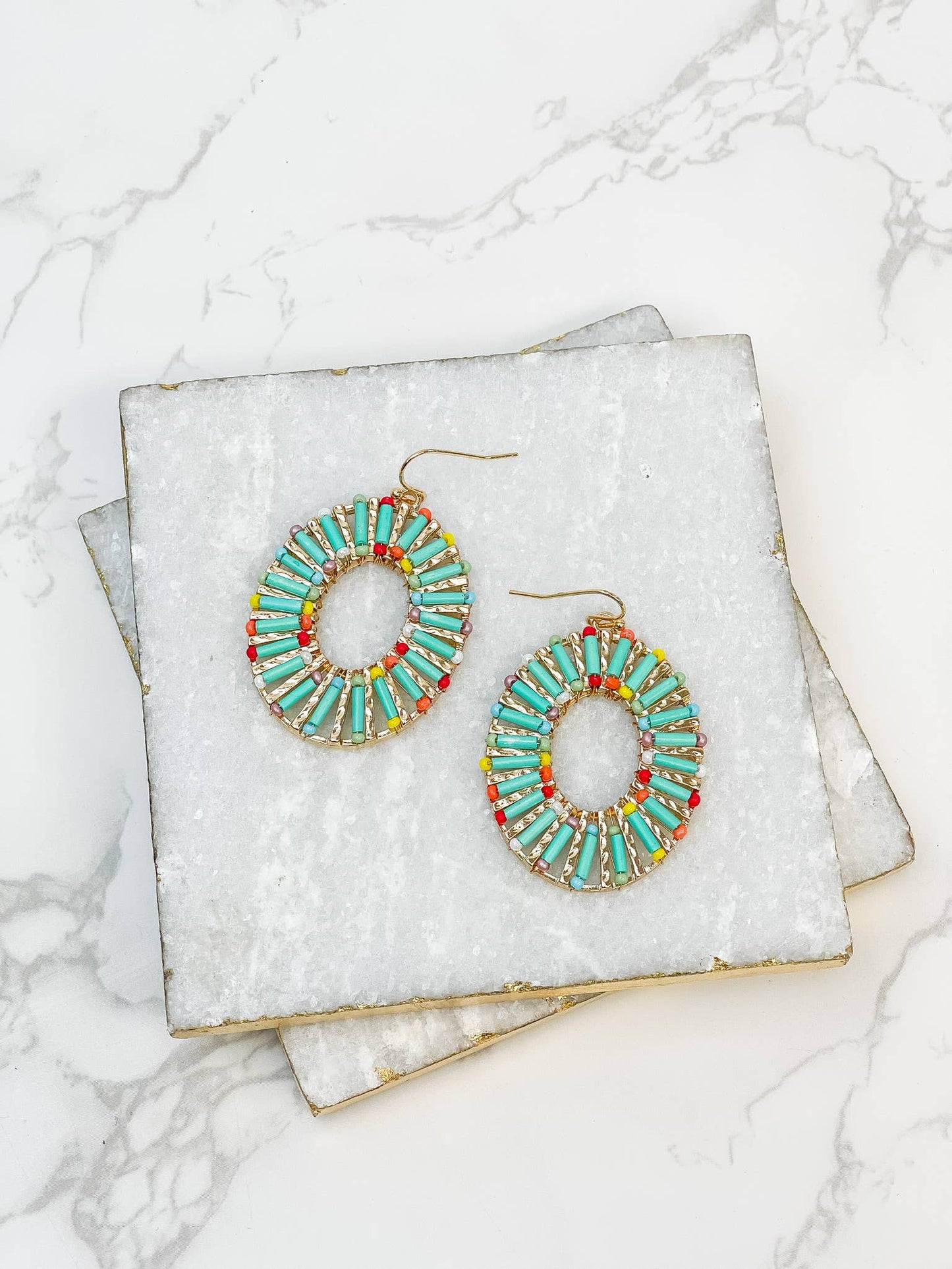 Bright Beaded Oval Dangle Earrings Blue