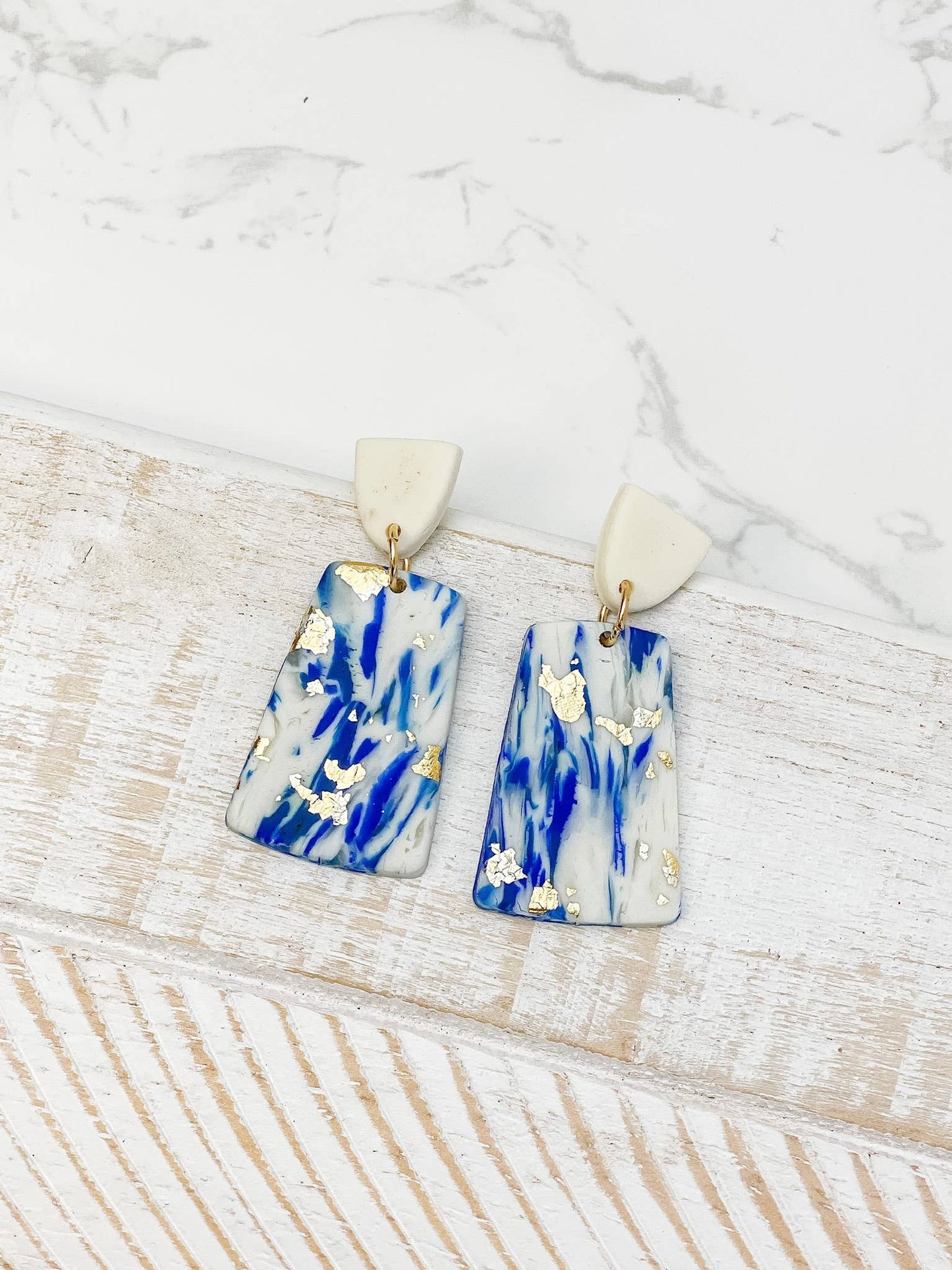 Blue & White Foil Swirl Dangle Earrings