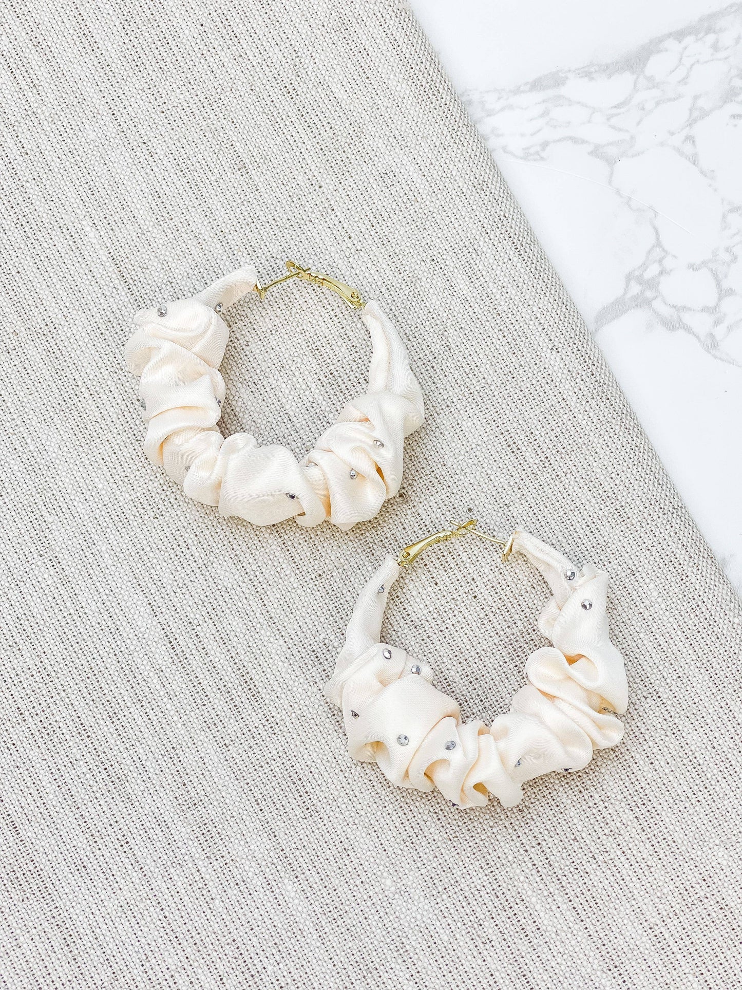 Rhinestone Scrunchie Hoop Earrings ivory