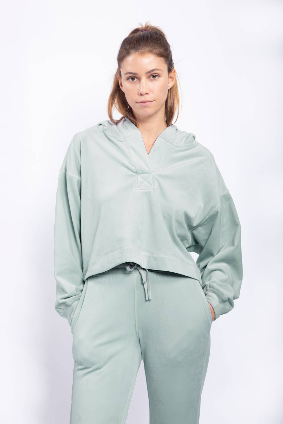 Brushed Cropped Hoodie Pullover with Notched Neckline