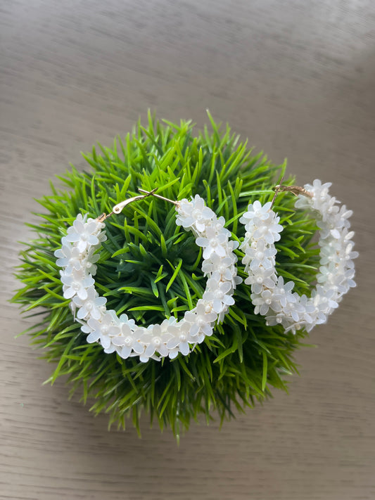 White Floral Beaded Hoops