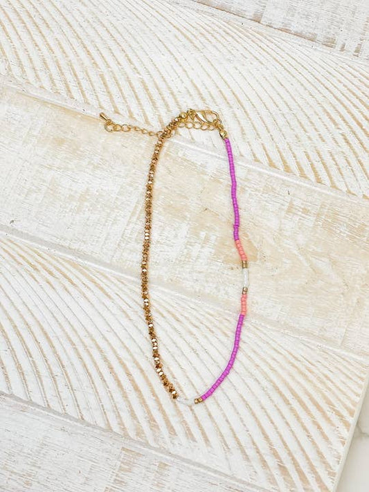 Bead & Metal Mixed Anklet - Purple & Gold