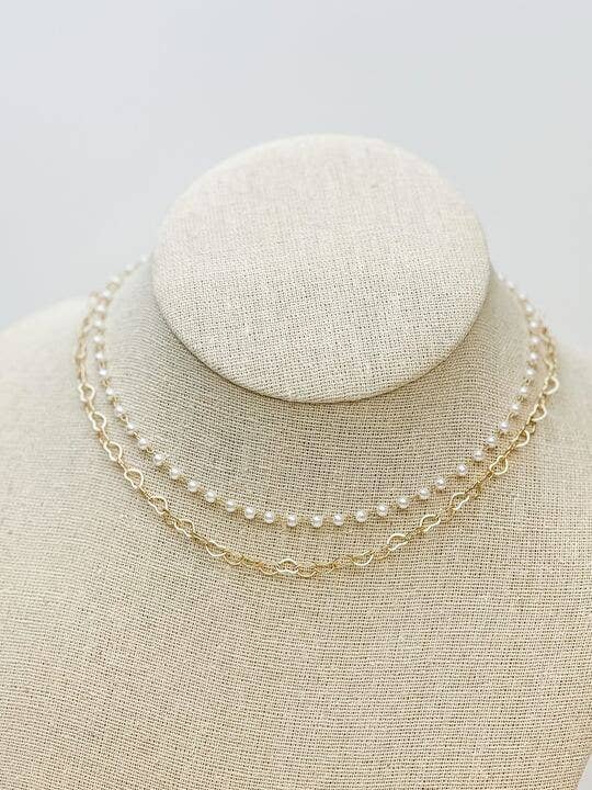 Pearl & Heart Linked Chain Necklace