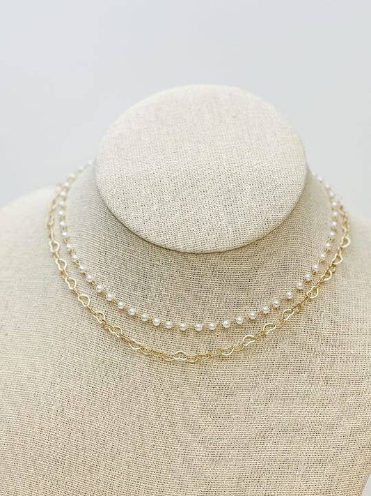 Pearl & Heart Linked Chain Necklace